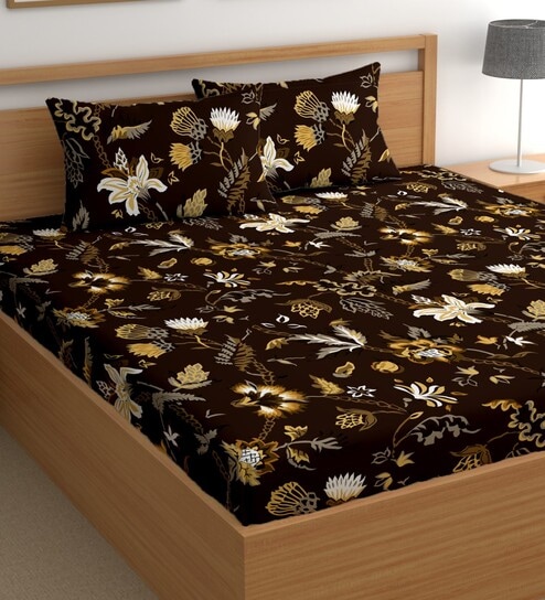 Brown 180 TC Floral Cotton Queen Double Bedsheet 2 Pillow covers