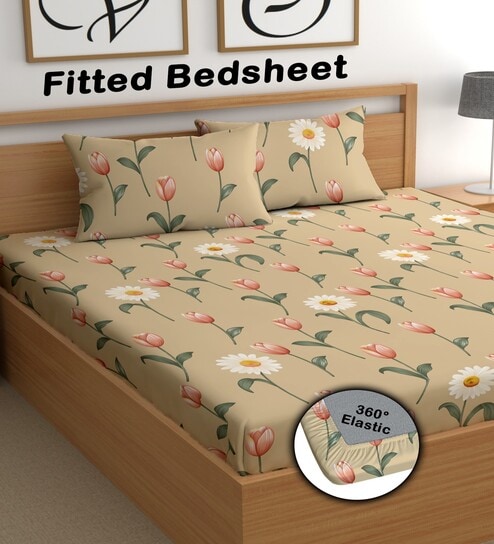 Brown 180 TC Floral Cotton Fitted Double Bedsheet 2 Pillow covers