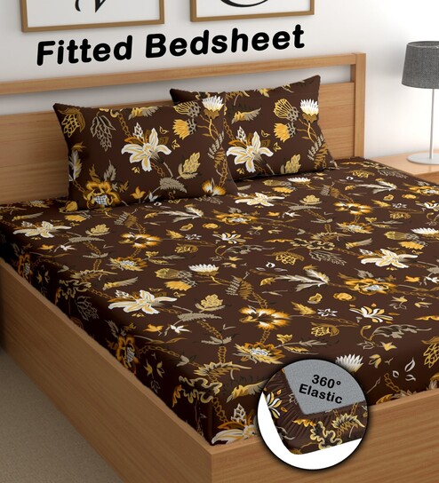 Brown 180 TC Floral Cotton Fitted Double Bedsheet 2 Pillow covers
