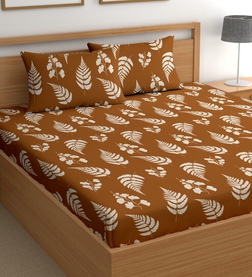 Brown 180 TC Floral Cotton Queen Double Bedsheet 2 Pillow covers