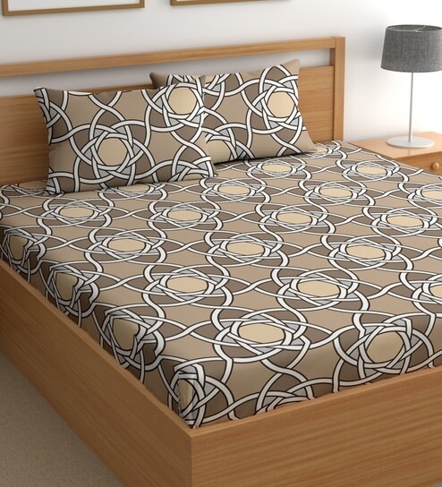 Brown 200 TC Abstract Cotton Queen Double Bedsheet 2 Pillow covers