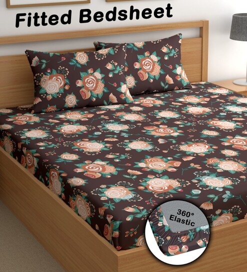 Brown 200 TC Floral Cotton Fitted Double Bedsheet 2 Pillow covers