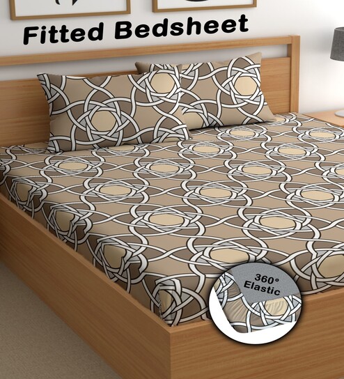Brown 200 TC Abstract Cotton Fitted Double Bedsheet 2 Pillow covers