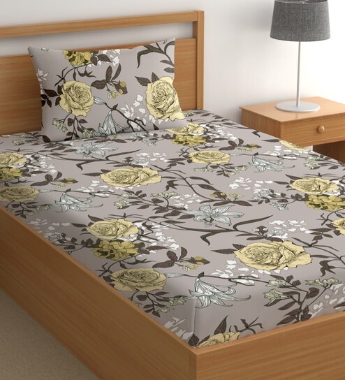 Brown 200 TC Floral Cotton Single Bedsheet Pillow covers