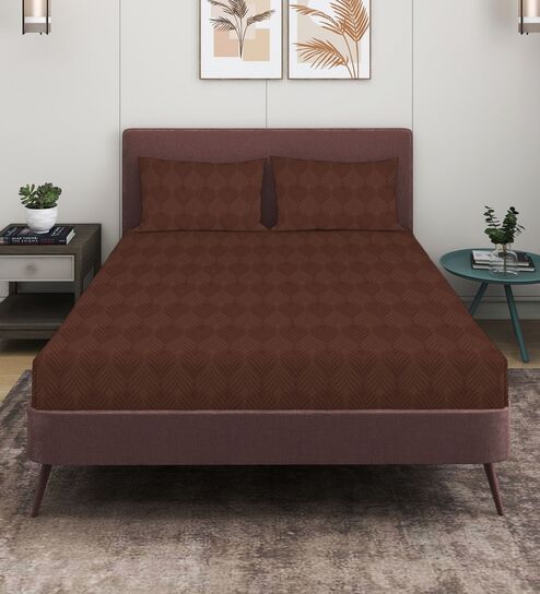 Brown 280 TC Glace Cotton Fitted Bedsheet With Embossed Leaf Pattern