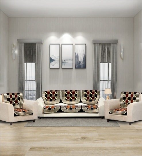 Brown 5 Seater Checkered 10Pcs Sofa Covers