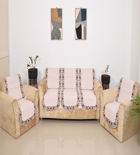 Brown 5 Seater Floral 10Pcs Sofa Covers