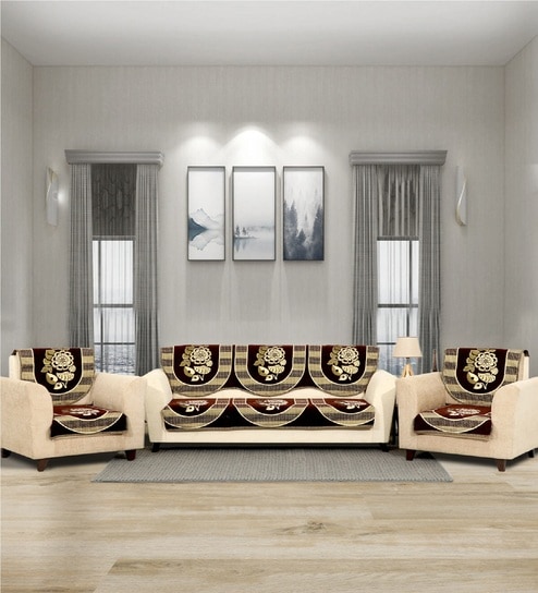 Brown 5 Seater Floral 10Pcs Sofa Covers