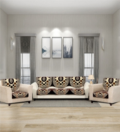 Brown 5 Seater Checkered 10Pcs Sofa Covers