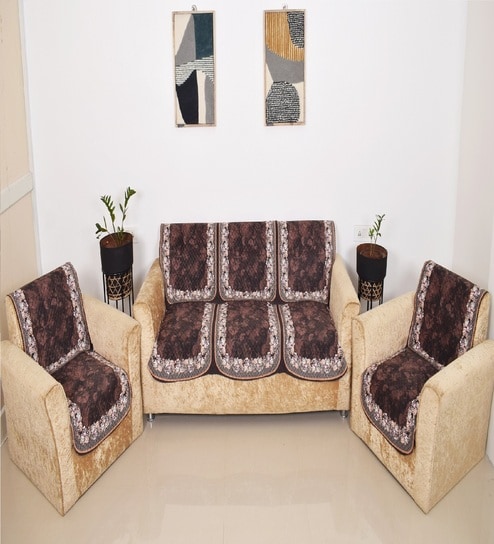 Brown 5 Seater Floral 10Pcs Sofa Covers