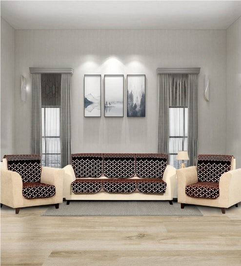 Brown 5 Seater Geometric 10Pcs Sofa Covers