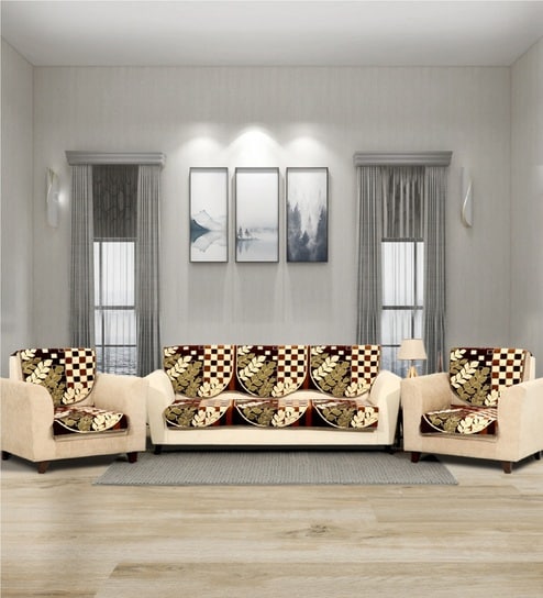 Brown 5 Seater Checkered 10Pcs Sofa Covers