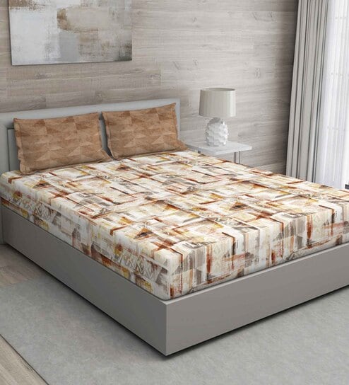 Brown Abstract 144 TC Cotton Queen Sized Bed Sheets with 2 Pillow Covers by GM Fabrics