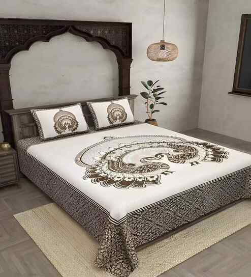 Brown Abstract 180 TC Cotton  King Sized Bedsheet with 2 Pillow Covers
