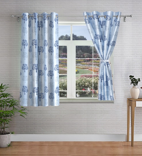 Blue Floral Polyester 5ft Semisheer Eyelet (Set Of 2)