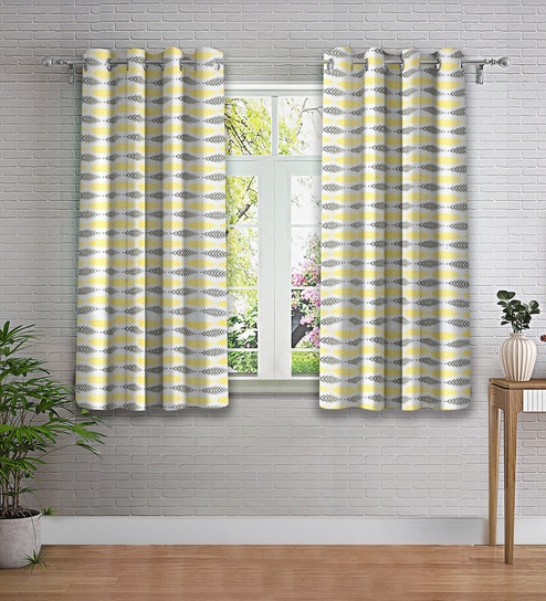 Yellow Abstract Polyester 5ft Semisheer Eyelet (Set Of 2)
