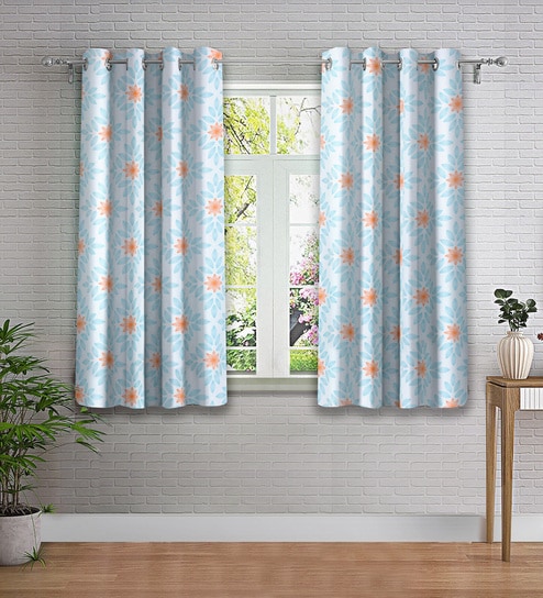 Blue Floral Polyester 5ft Semisheer Eyelet (Set Of 2)