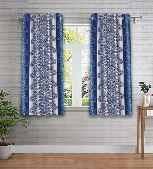 Blue Abstract Polyester 5ft Semisheer Eyelet (Set Of 2)