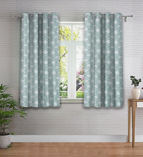 Green Geometric Polyester 5ft Semisheer Eyelet (Set Of 2)