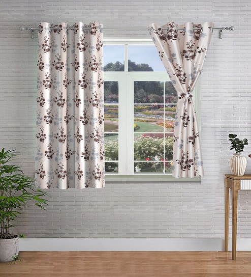 Brown Floral Polyester 5ft Semisheer Eyelet (Set Of 2)