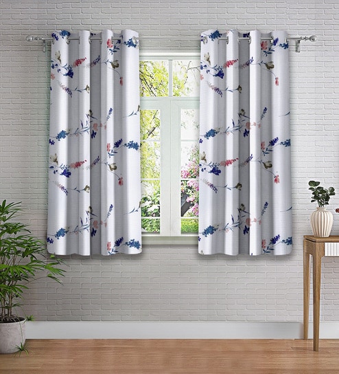 White Floral Polyester 5ft Semisheer Eyelet (Set Of 2)