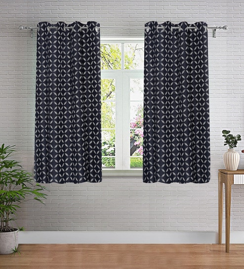 Black Geometric Polyester 5ft Semisheer Eyelet (Set Of 2)