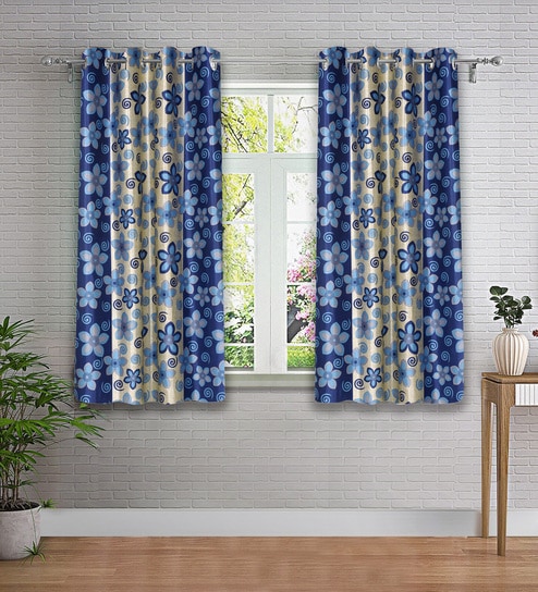 Blue Floral Polyester 5ft Semisheer Eyelet (Set Of 2)