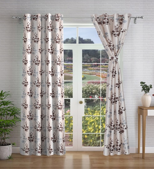Brown Floral Polyester 7ft Semisheer Eyelet (Set Of 2)