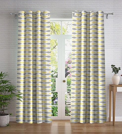 Yellow Abstract Polyester 7ft Semisheer Eyelet (Set Of 2)