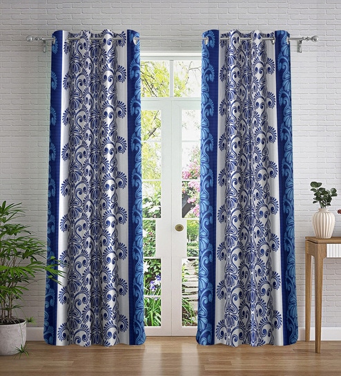 Blue Abstract Polyester 7ft Semisheer Eyelet (Set Of 2)