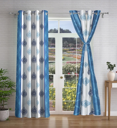 Blue Abstract Polyester 7ft Semisheer Eyelet (Set Of 2)