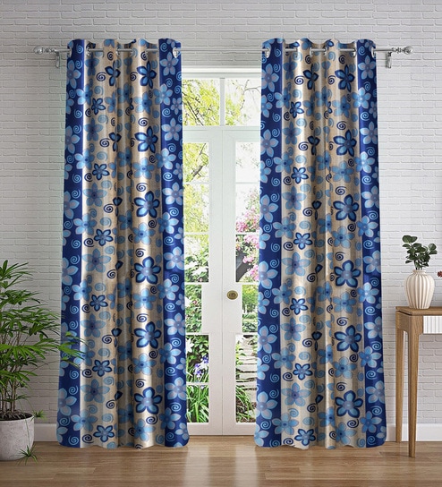 Blue Floral Polyester 7ft Semisheer Eyelet (Set Of 2)