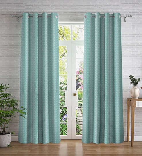 Green Geometric Polyester 7ft Semisheer Eyelet (Set Of 2)