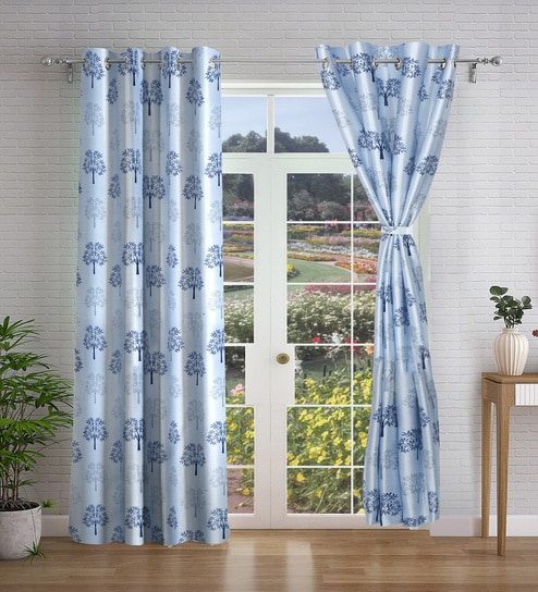 Blue Floral Polyester 9ft Semisheer Eyelet (Set Of 2)