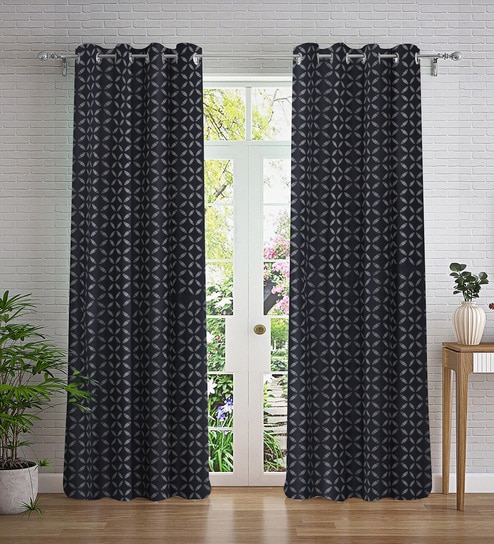 Black Geometric Polyester 9ft Semisheer Eyelet (Set Of 2)