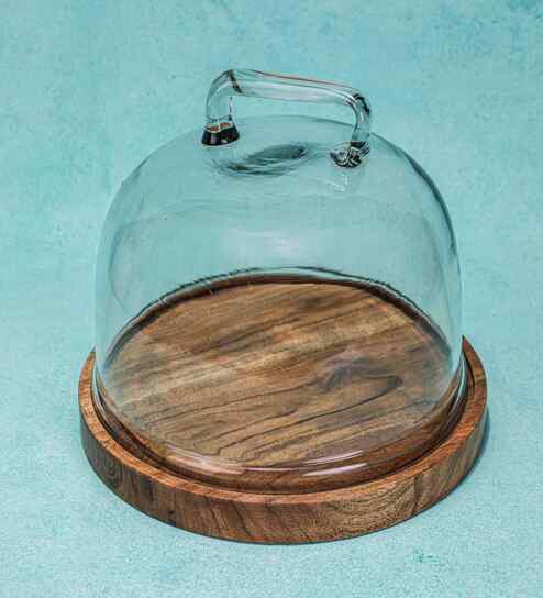Brown Acacia Wood  Cloche With Wooden Base