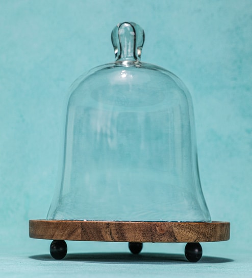 Brown Acacia Wood  Cloche With Wooden Base