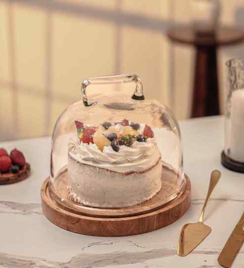 Brown Acacia Wood  Cloche With Wooden Base