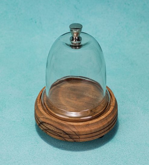 Brown Acacia Wood  Cloche With Wooden Base