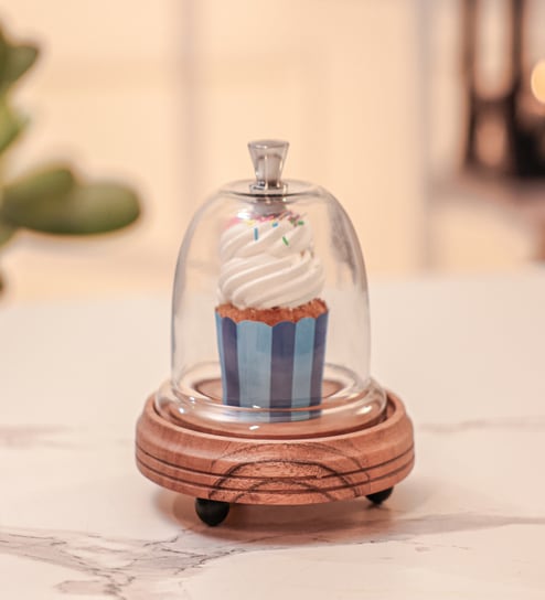 Brown Acacia Wood  Cloche With Wooden Base
