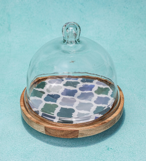 Brown Acacia Wood  Cloche With Wooden printed Base
