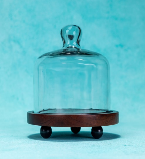Brown Acacia Wood Cloche With Wooden Base