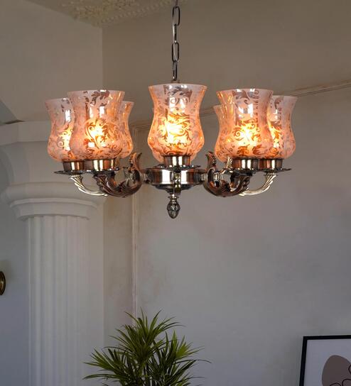 Brown Aluminium and Glass Shaded Chandelier