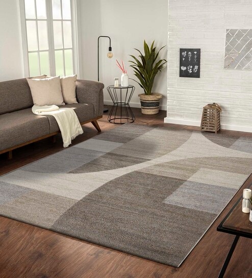 Brown and Cream Geometrical Polypropylene 7 ft x 5 ft Machine Made Carpet