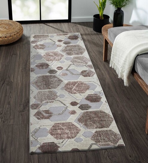 Brown and Grey Geometric 2x7 Feet Machine Made Runner