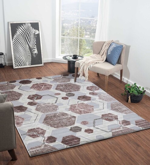 Brown and Grey Geometric 3x5 Feet Machine Made Carpet