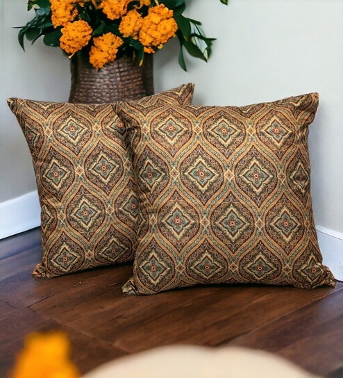 Brown Art Silk Chanderi Textured Floral 16x16 inches Cushion Covers (Set of 2)