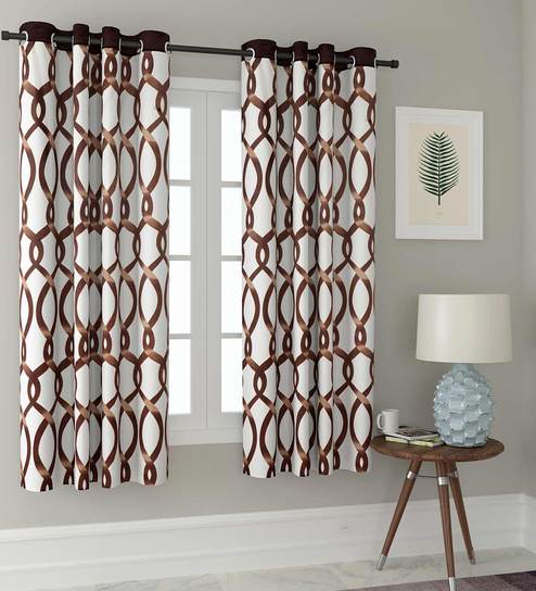 Brown Geometric Polyester 5 Ft Semisheer Eyelet Window Curtains (Set of 2)