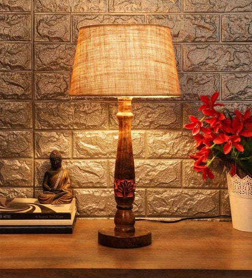 Castries Brown Blended Fabric Shade Night Lamp With Mango wood Base By Foziq