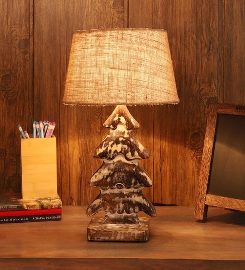 Brown Blended Fabric Shade Table Lamp With White And Brown Base By Foziq